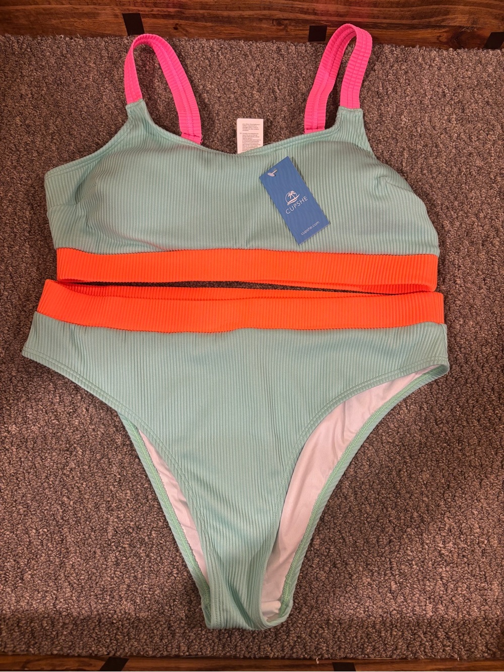 Cupshe Mint Ribbed Bikini with‎ Neon Pink Straps & Bright Orange Bands